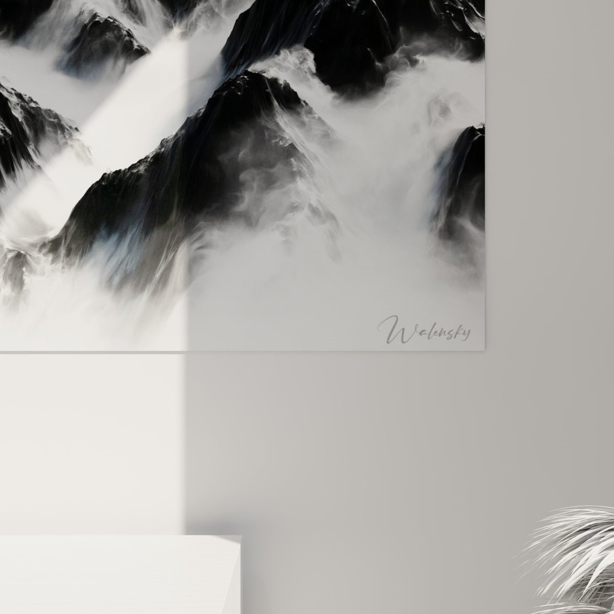 Détail des crêtes rocheuses noires et de la neige blanche révélant la texture vaporeuse de l'impression