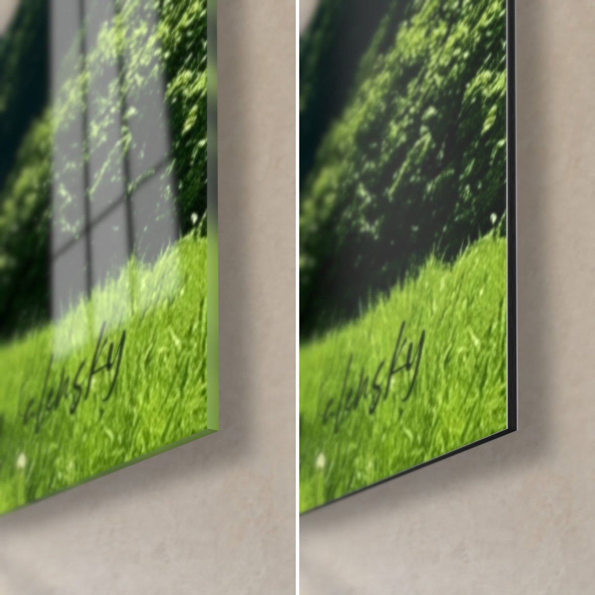 Gemälde ockerfarbener Weg im grünen Gras, untere rechte Ecke: glänzendes Acrylglas links, mattes Alu-Dibond, 3 mm Kante