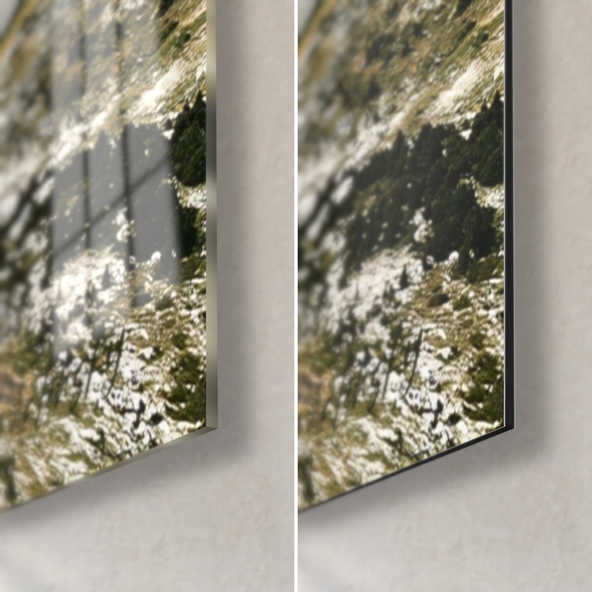 Wall art alpine plateau with patches of snow, glossy glass corner bottom left, matte Dibond aluminium on the right, 3 mm thickness