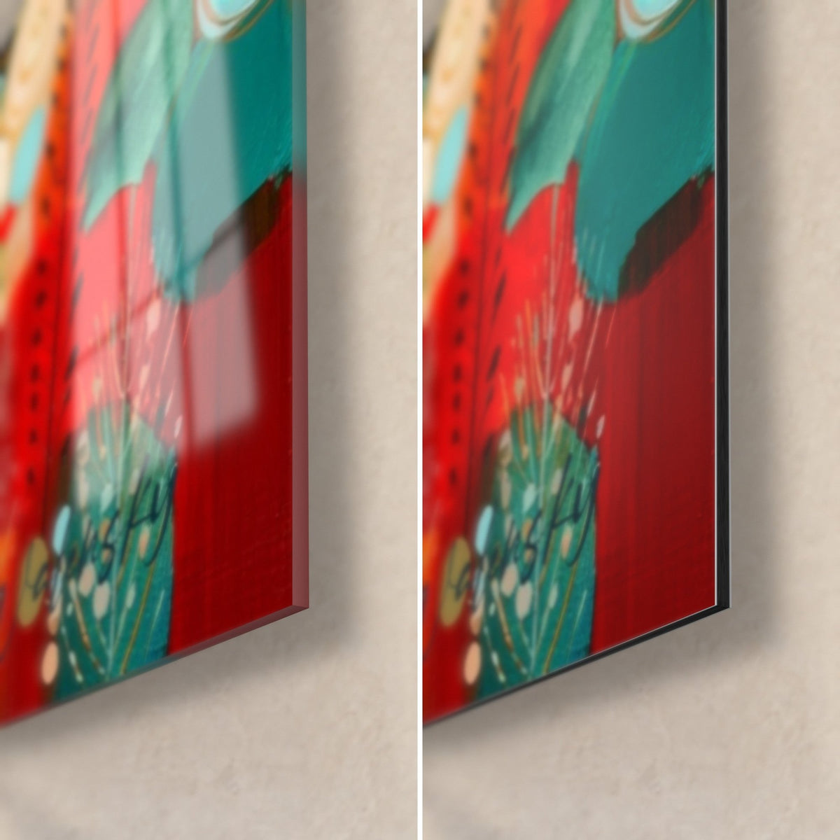 Quadro di una montagna astratta, angolo in basso a destra: vetro acrilico lucido a sinistra, alluminio Dibond opaco a destra, rosso e turchese, spessore 3 mm