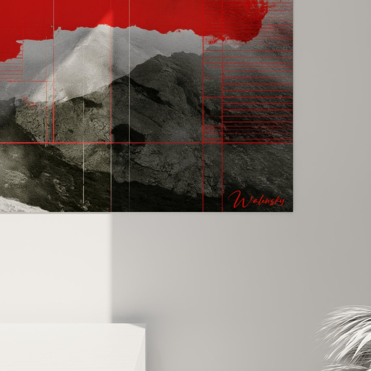 Grain de l'impression révélant la texture rocheuse grise et la faille rouge en gros plan