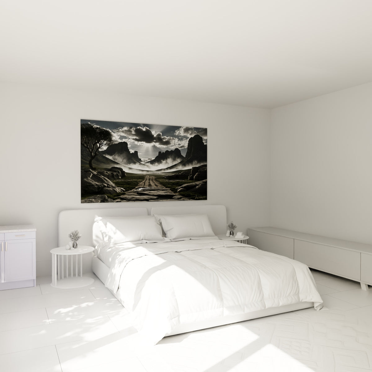 Montagne aux teintes anthracite et blanches au-dessus d'un lit dans une chambre claire