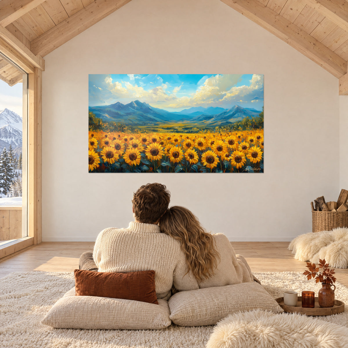 Tableau vallée fleurie de pétales jaune citron, massif bleu cobalt, nuages dorés, couple enlacé de dos sur des coussins dans une pièce sous charpente