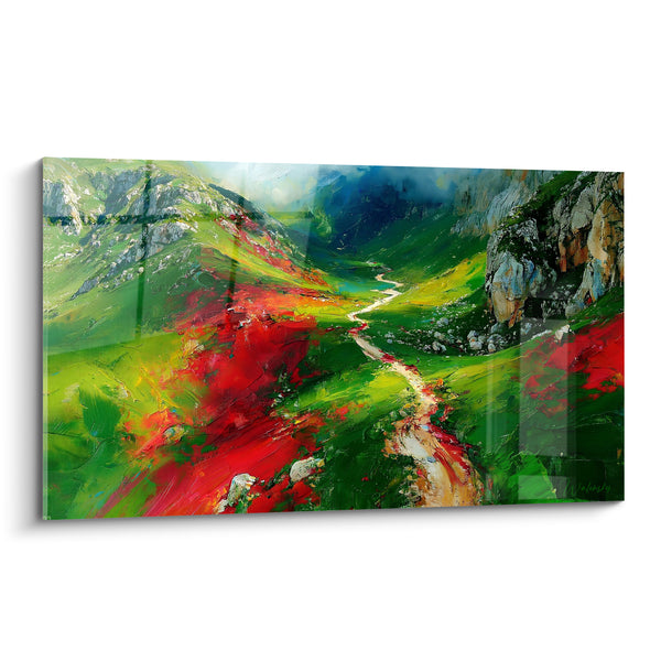 Tableau Sentier vert et rouge vers gorge rocheuse - Éclat pourpre sur pente - Edition Montagne