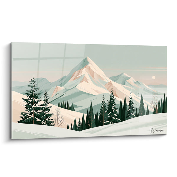 Tableau Sapins verts et sommet rosé enneigé - Lune pâle discrète - Edition Montagne