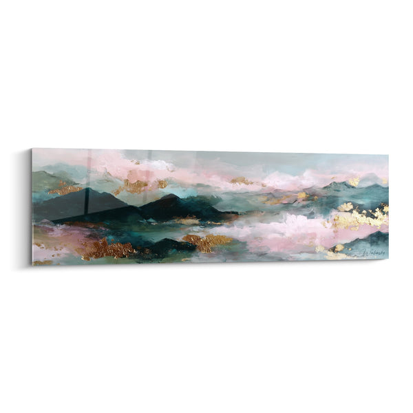 Abstract Landschap Berglandschap Roze en Turquoise met Goudaccenten - Hemelse Harmonie - Feng Shui Zuidoost Hout Editie