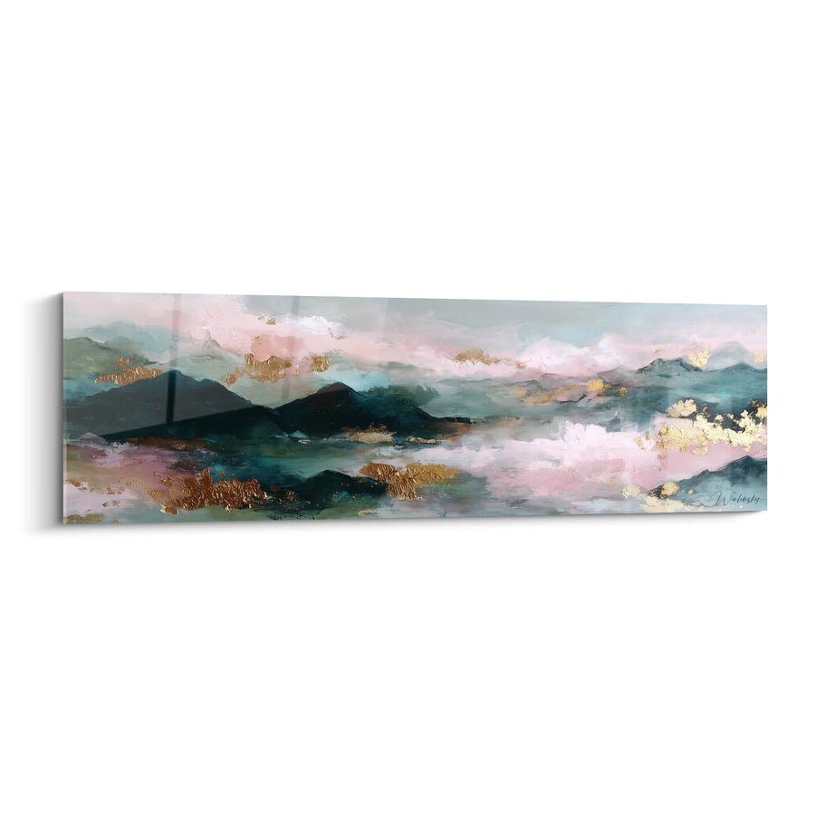 Tableau paysage abstrait montagnes rose et turquoise avec dorures - Harmonie Céleste - Edition Feng shui Sud-Est Bois