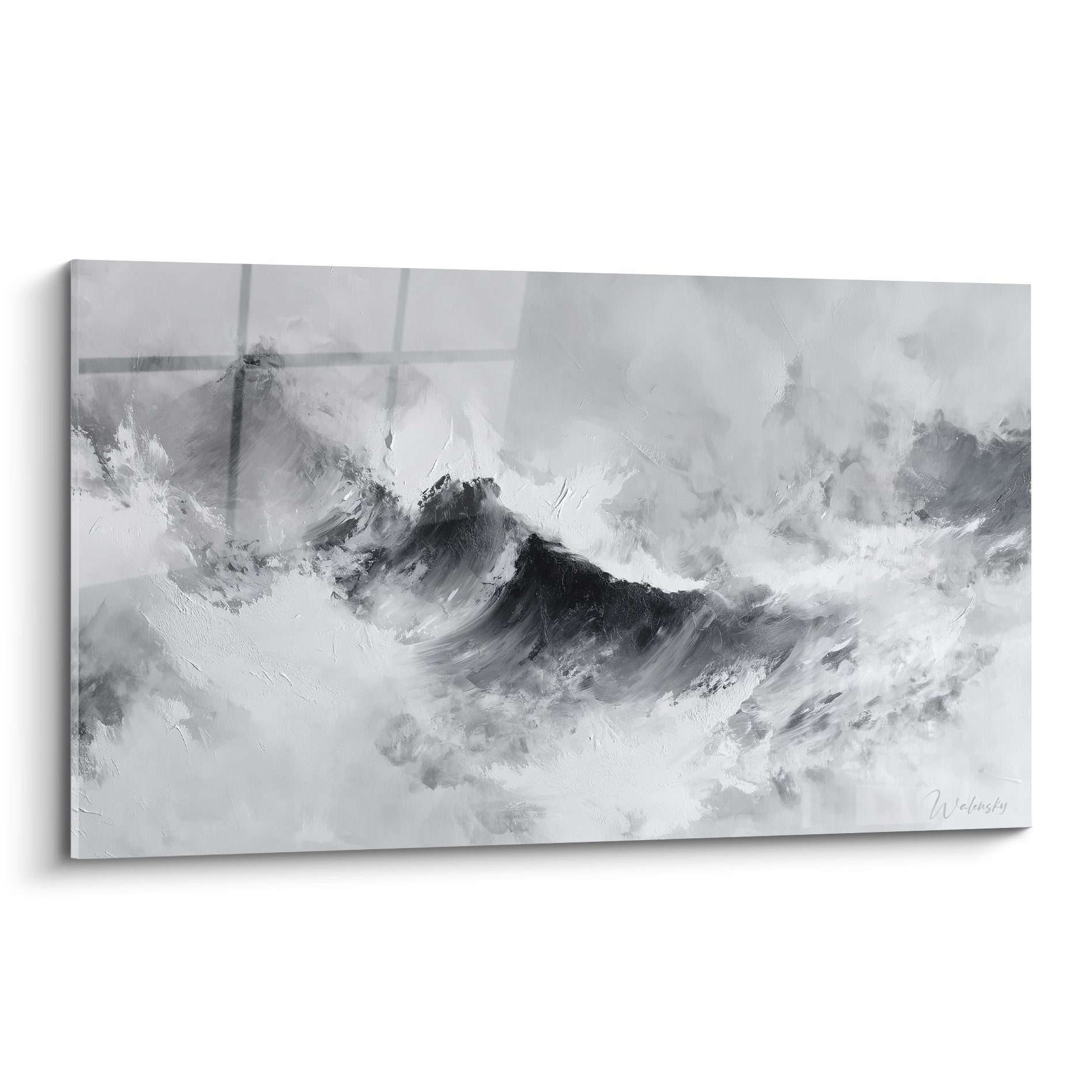 Tableau abstrait montagnes noires et blanches tempête brume peinture moderne feng shui ouest métal