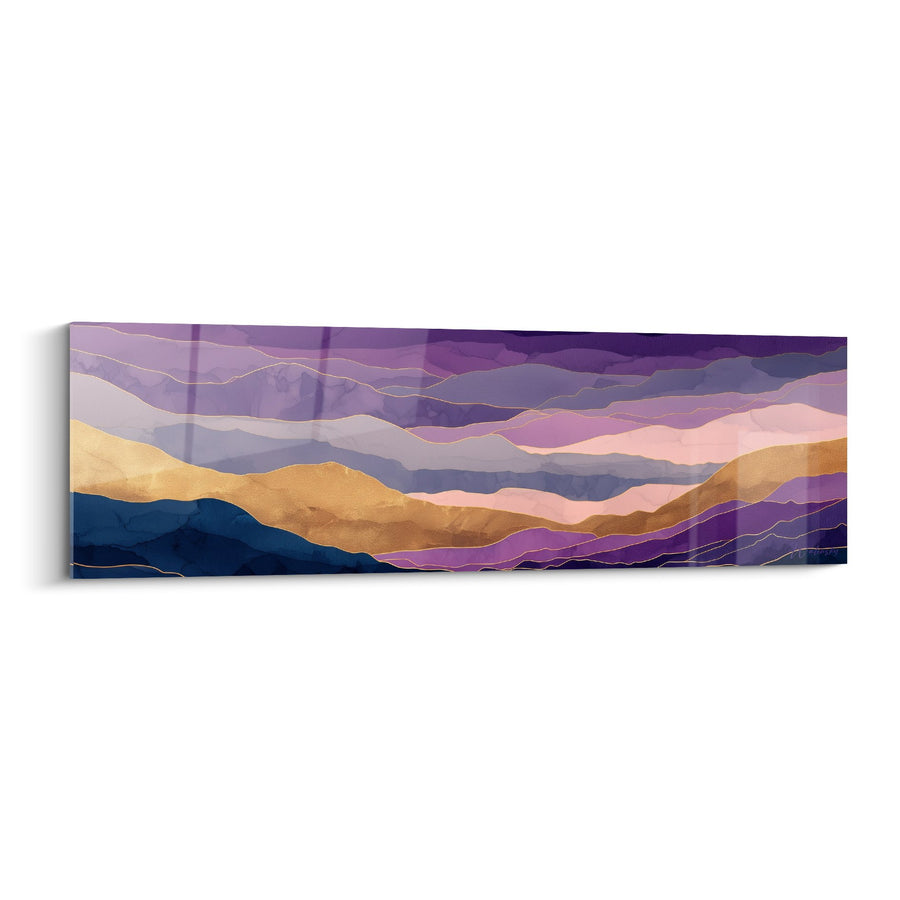 Tableau Montagnes Abstraites Violet Orange - Paysage Ondulé Panoramique - Edition Feng shui Sud-Est Bois