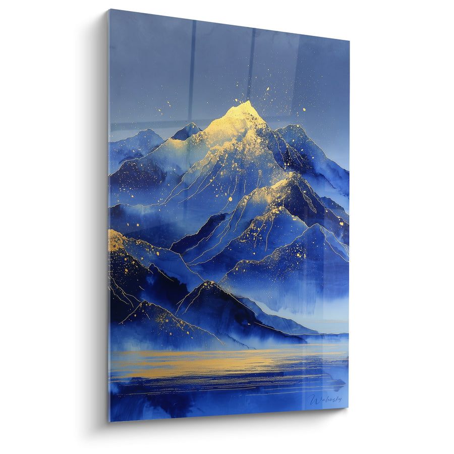 Tableau montagnes bleues et dorées avec reflets aquatiques - Harmonie céleste - Edition Feng shui Nord Eau