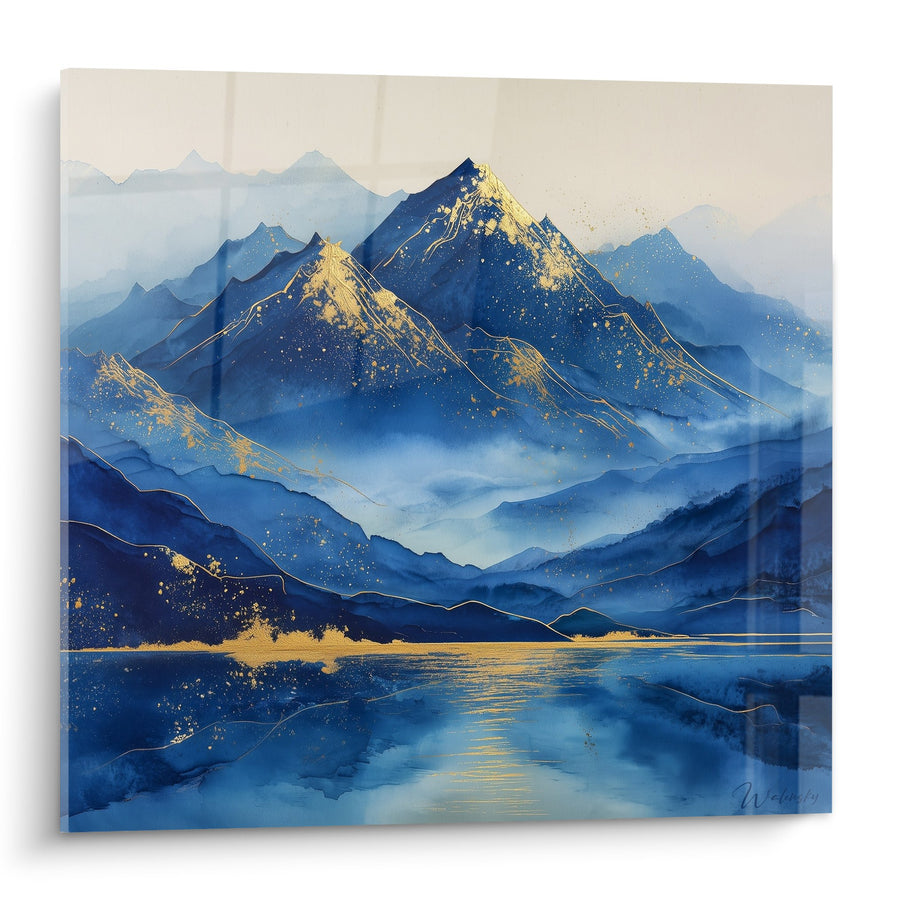 Tableau Montagnes Bleues et Dorées avec Reflets sur Lac - Sérénité Alpestre - Edition Feng shui Nord Eau