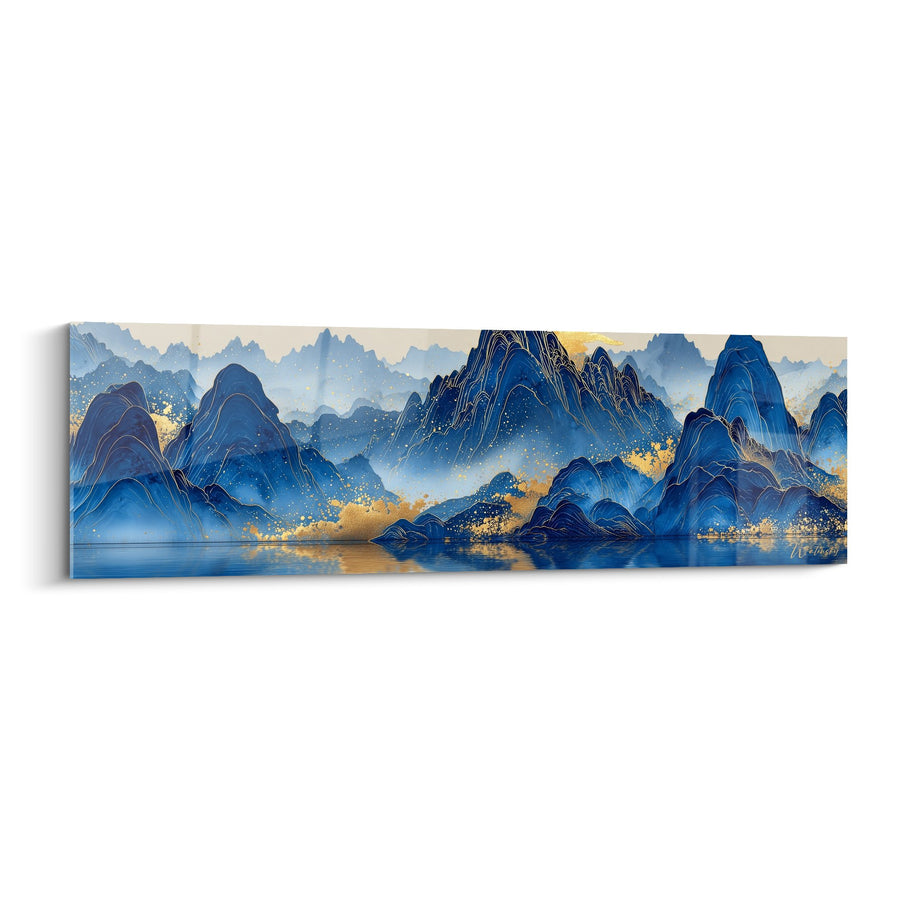 Tableau Montagnes Bleues et Reflets Dorés sur Lac Paisible - Sérénité Aquatique - Edition Feng shui Nord Eau