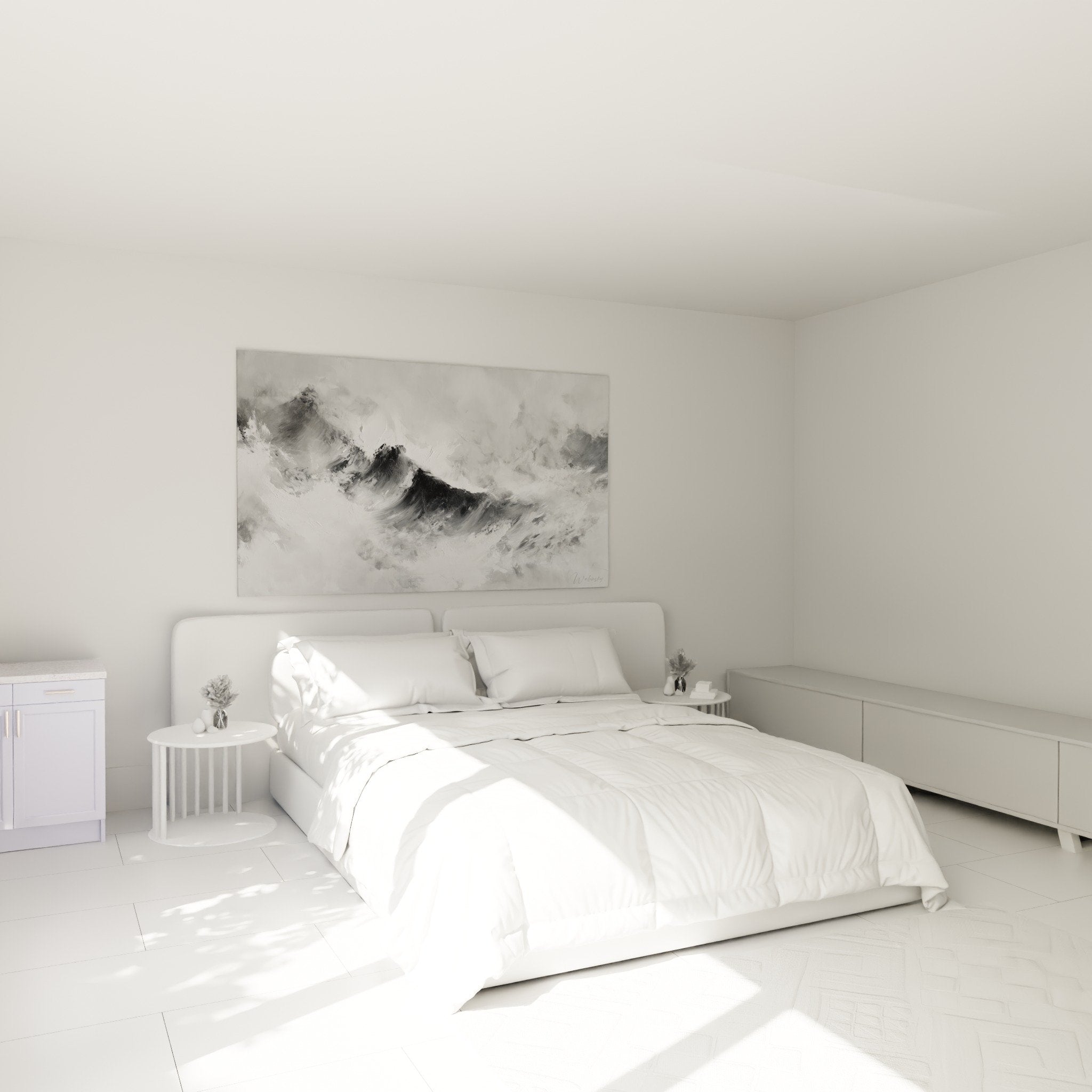 Tableau montagnes abstraites noir blanc chambre moderne décoration murale feng shui métal