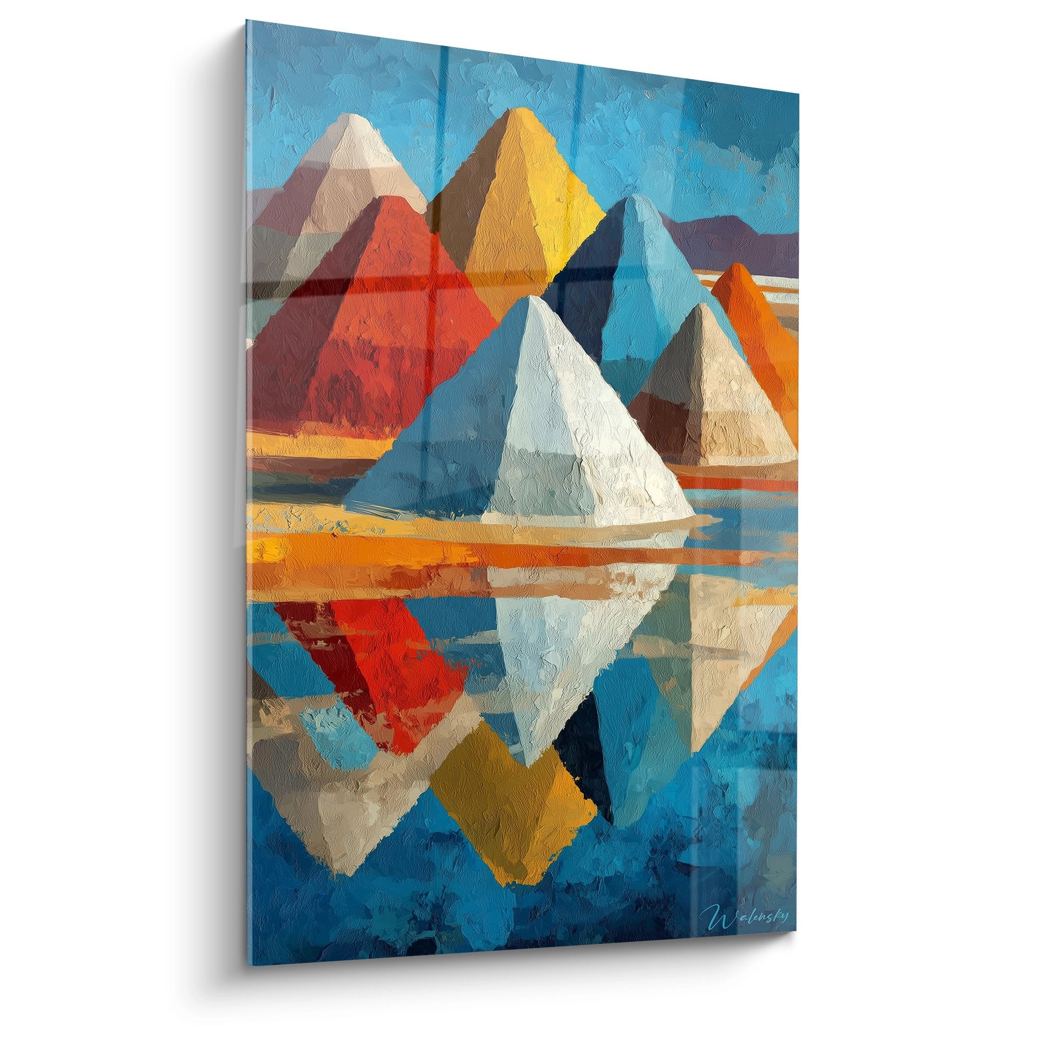 Tableau mural montagnes géométriques colorées avec reflets, art abstrait désert aux tons bleus oranges