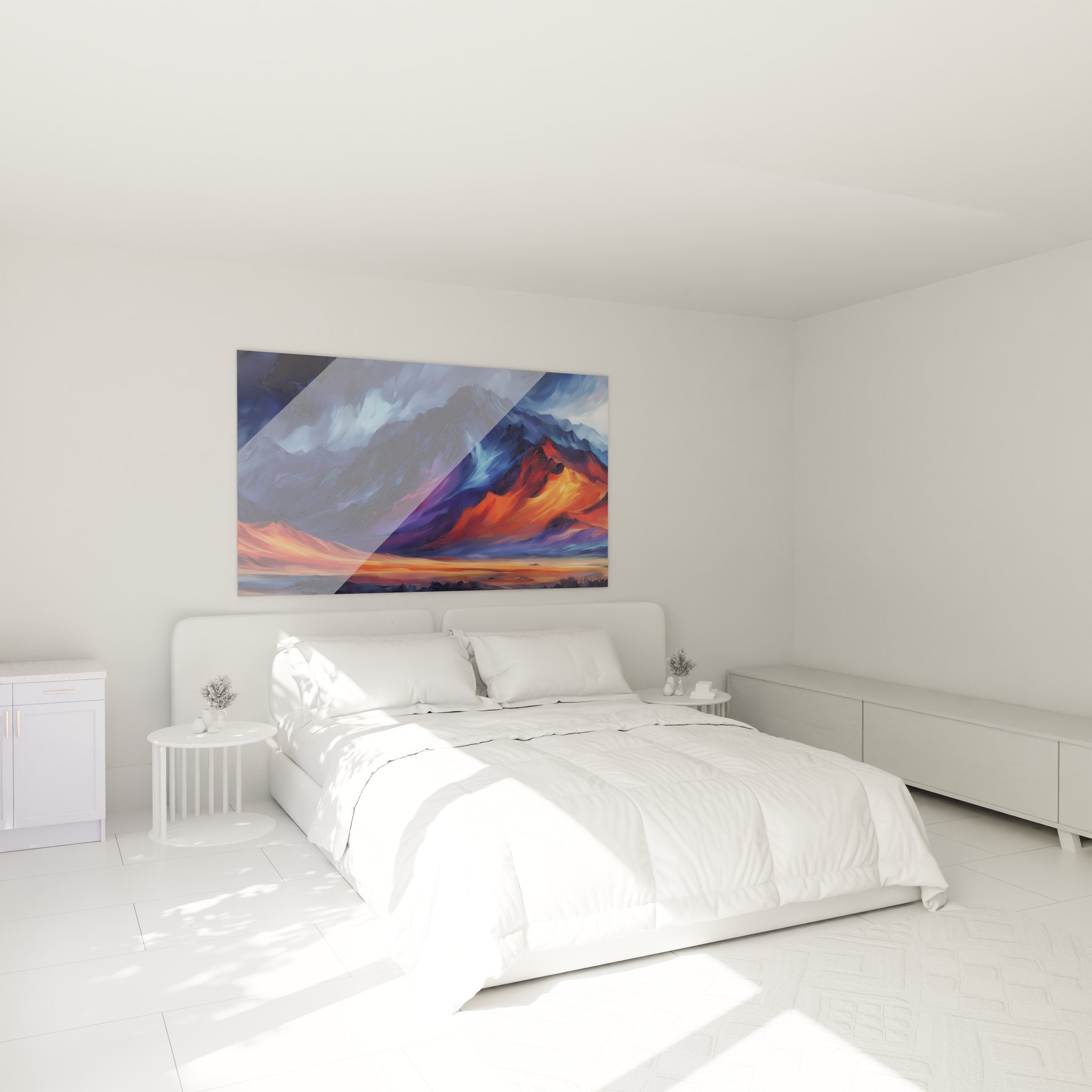 Tableau montagnes colorées dans décoration chambre moderne avec paysage désertique mural
