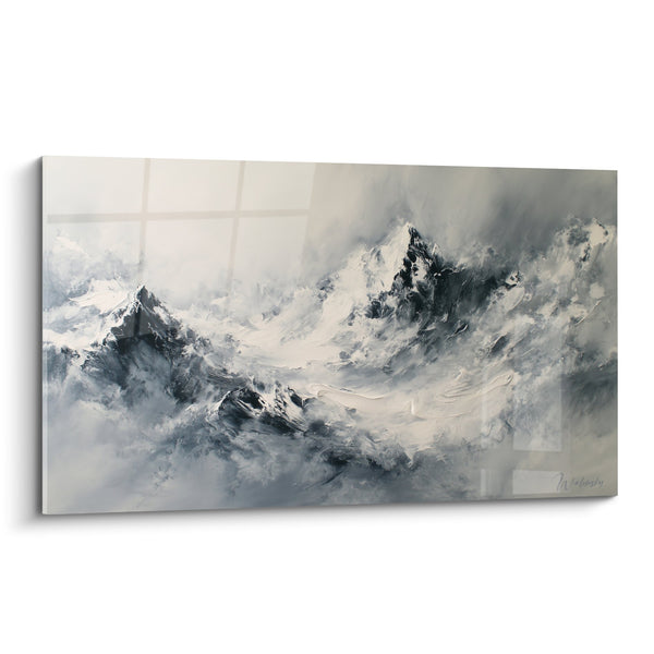 Tableau montagnes enneigées dans la brume gris bleu et blanc - Sommet mystérieux - Edition Feng shui Ouest Métal