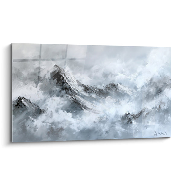 Schilderij Besneeuwde Bergen in Grijze en Witte Wolken - Mystieke Toppen - Feng Shui West Metal Editie