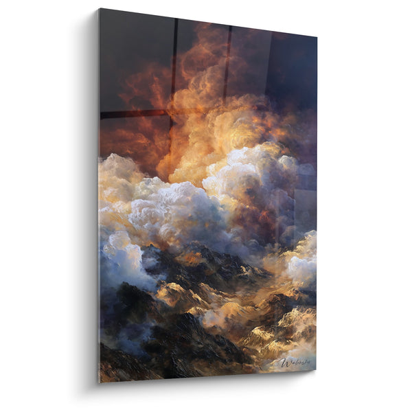 Schilderij majestueuze bergen en gouden wolken in een dramatische hemel - Hemelse Verheffing - Feng shui Zuid Vuur Editie