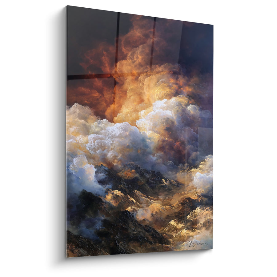 Tableau montagnes majestueuses et nuages dorés dans un ciel dramatique - Élévation Céleste - Edition Feng shui Sud Feu