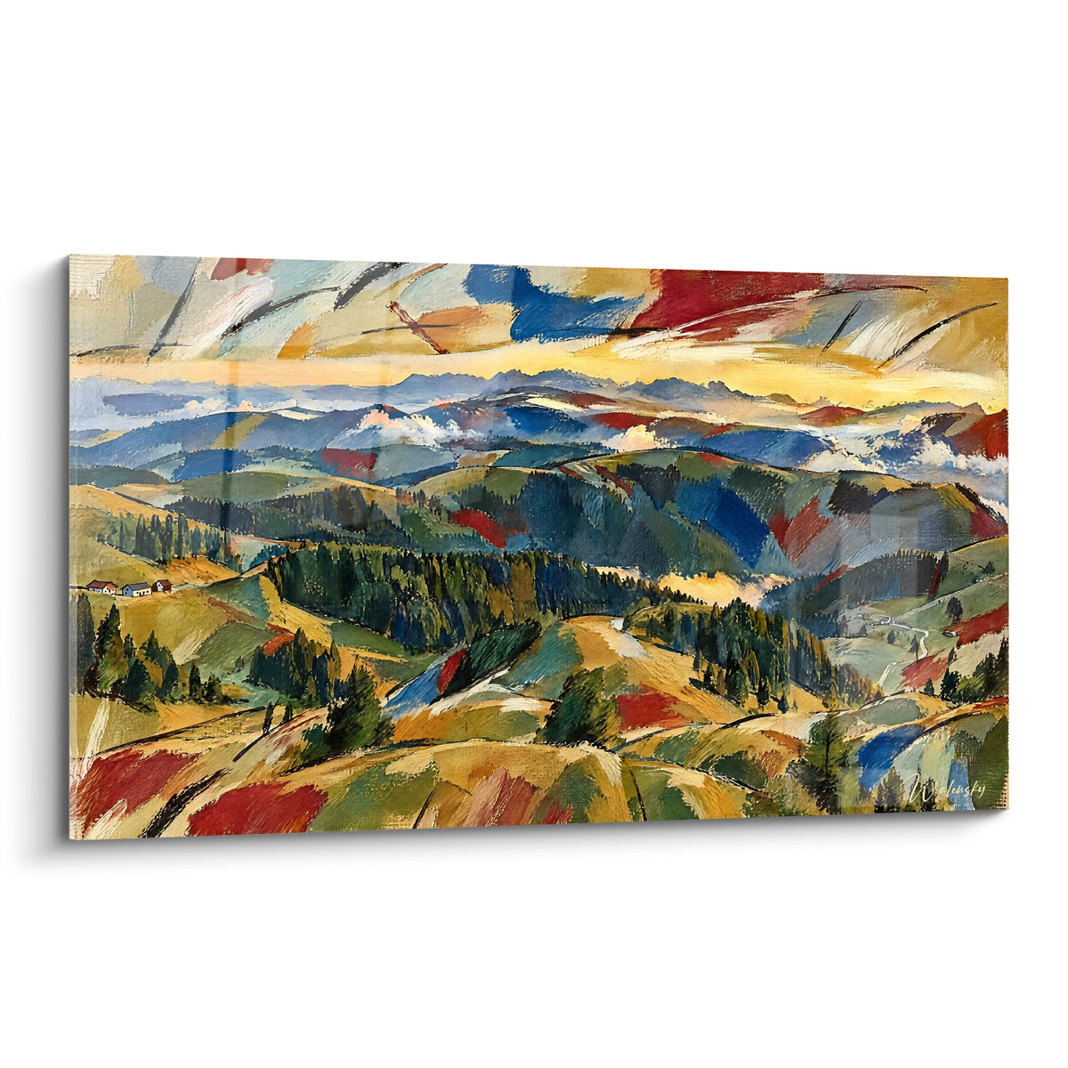 Tableau collines Monte Grappa Vénétie Italie ocre et vertes sous un ciel balafré bleu marine et rouge