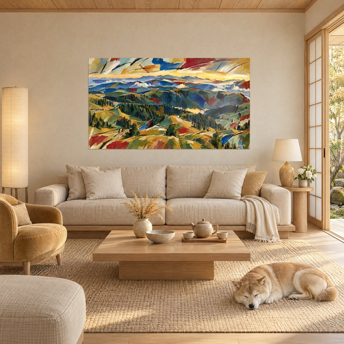 Tableau collines onduleuses vert sapin et ocre sous un ciel balafré de rouge, un Shiba endormi, au-dessus d'un canapé dans un salon lumineux