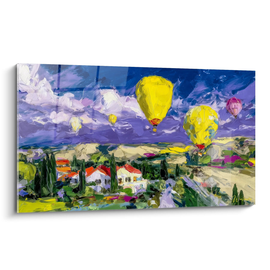 Tableau montgolfières colorées au-dessus d'un paysage provençal - Envolée méditerranéenne - édition Mongolfière