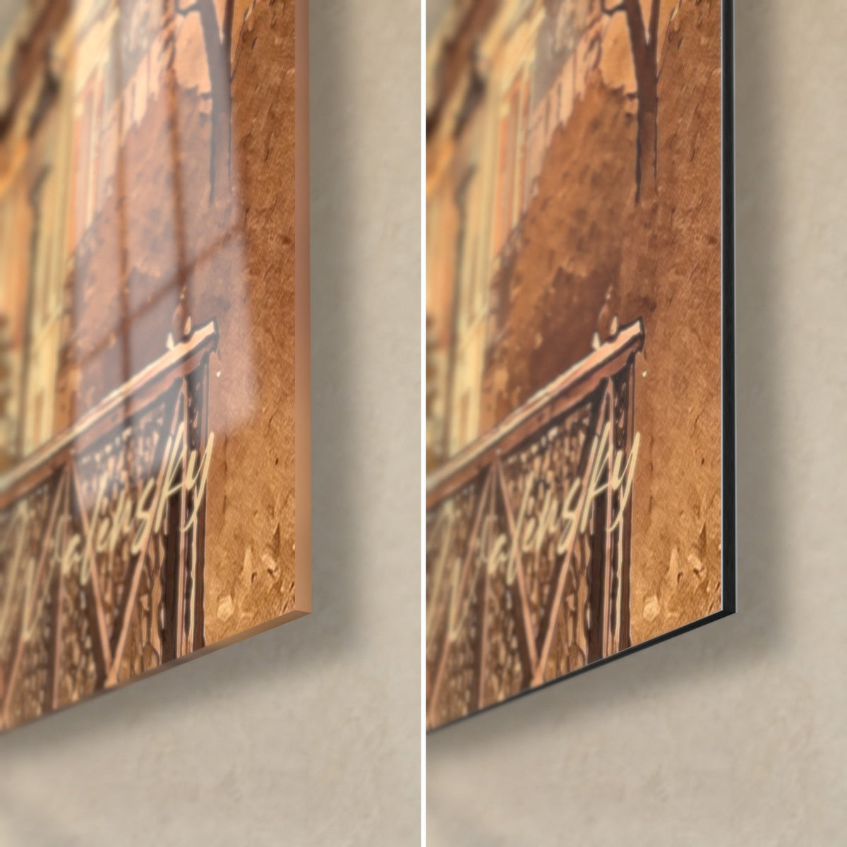 Gemälde Montmartre in Aquarell, untere rechte Ecke: glänzendes Glas links, mattes Dibond rechts, schwarzes und ockerfarbenes Geländer, 3 mm Kante