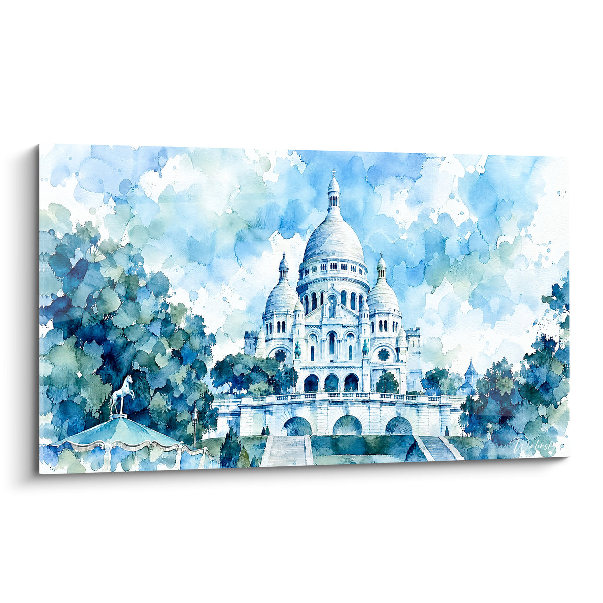 Basilique blanche aux dômes bleutés peinte à l'aquarelle verte et bleu pastel sur fond nuageux
