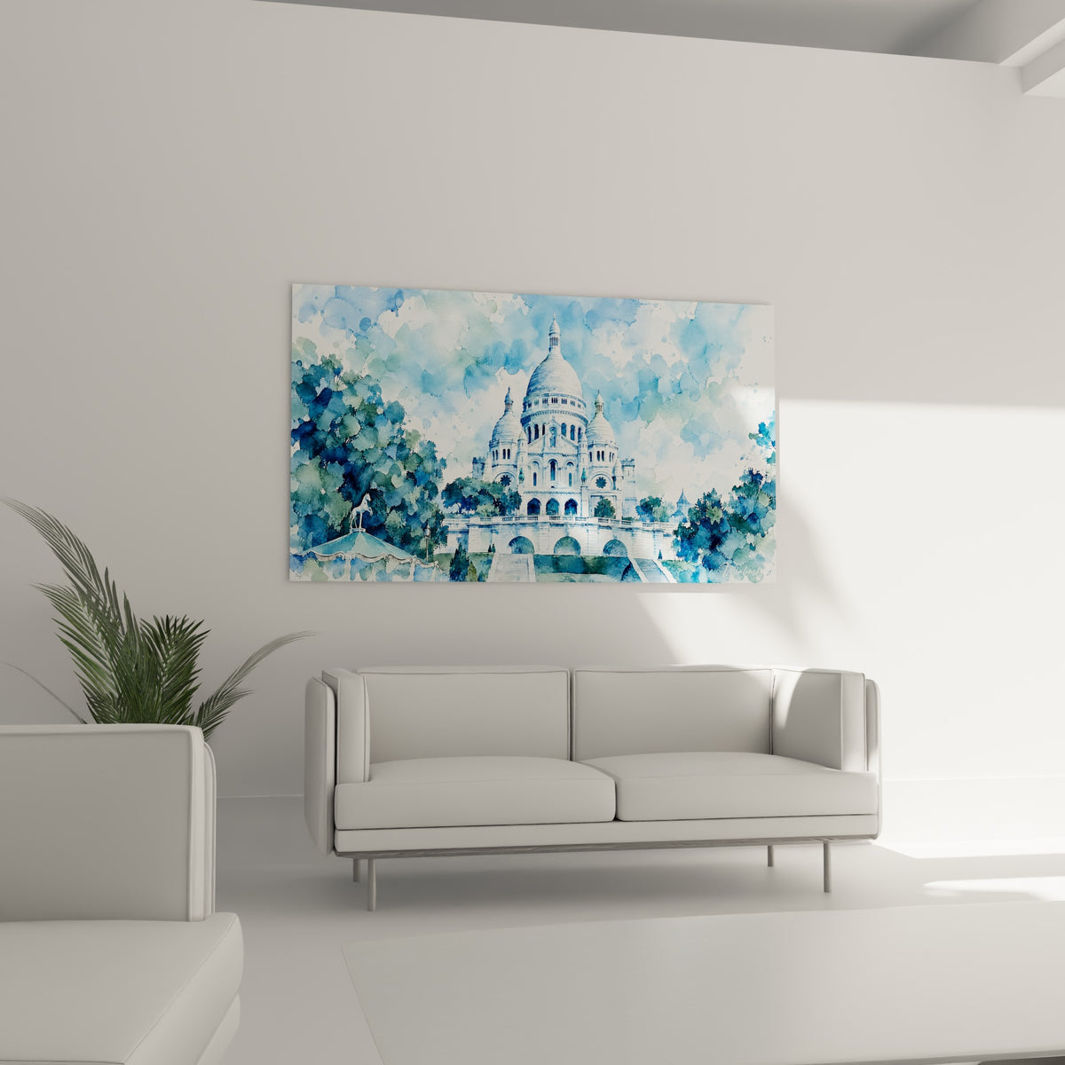 Édifice religieux blanc aux coupoles arrondies, teintes bleu pastel et vert, au-dessus d'un canapé dans un salon lumineux
