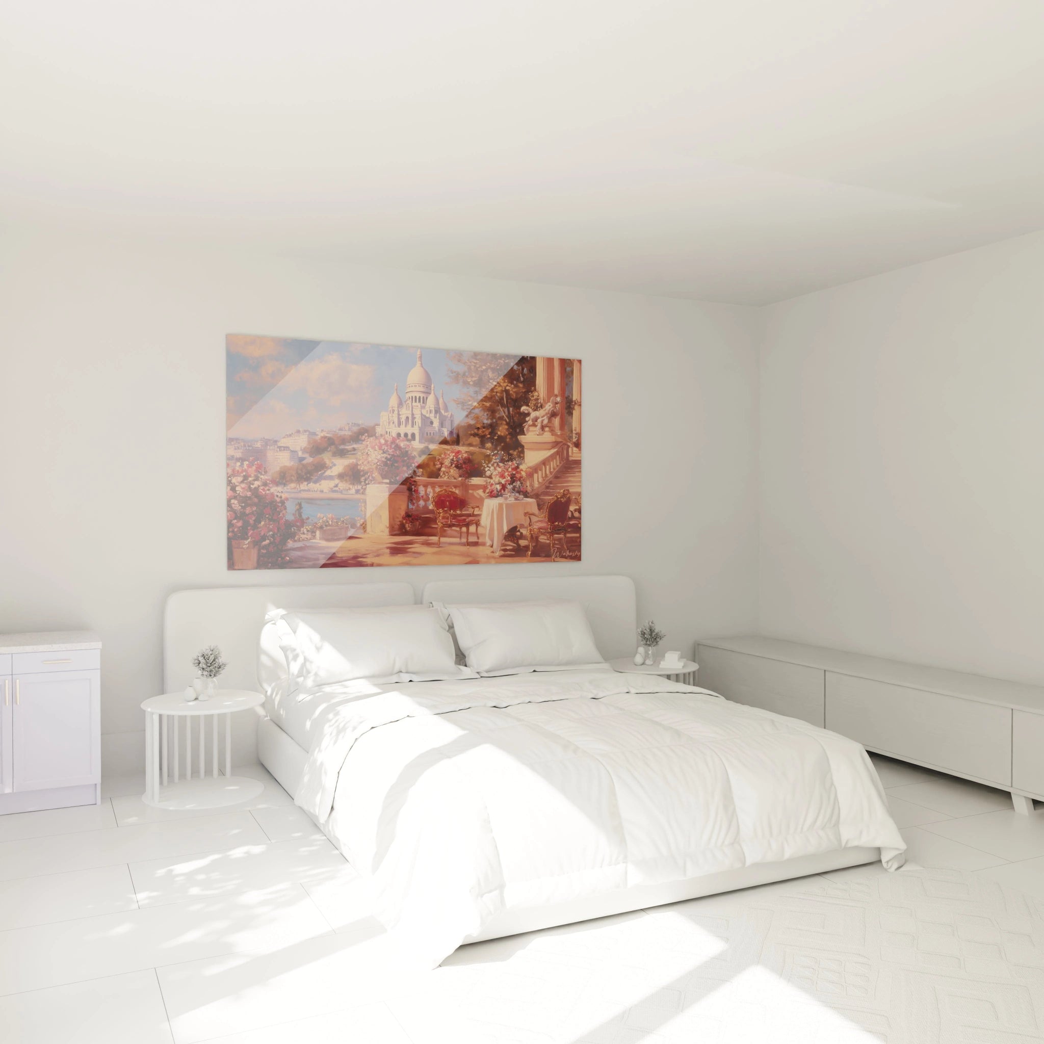 tableau Montmartre classique Walensky accroché au dessus d un lit dans une chambre blanche minimaliste