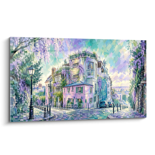 Tableau Maison rose aux glycines violettes - Flânerie fleurie - Edition Montmartre  Île-de-France  France