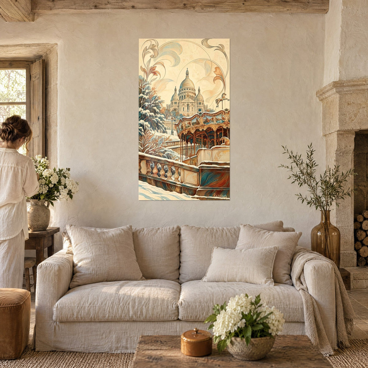 Wall art cream Sacré-Cœur under the snow, carousel with golden horses, blue-rust stone balustrade, above a sofa in a bright living room