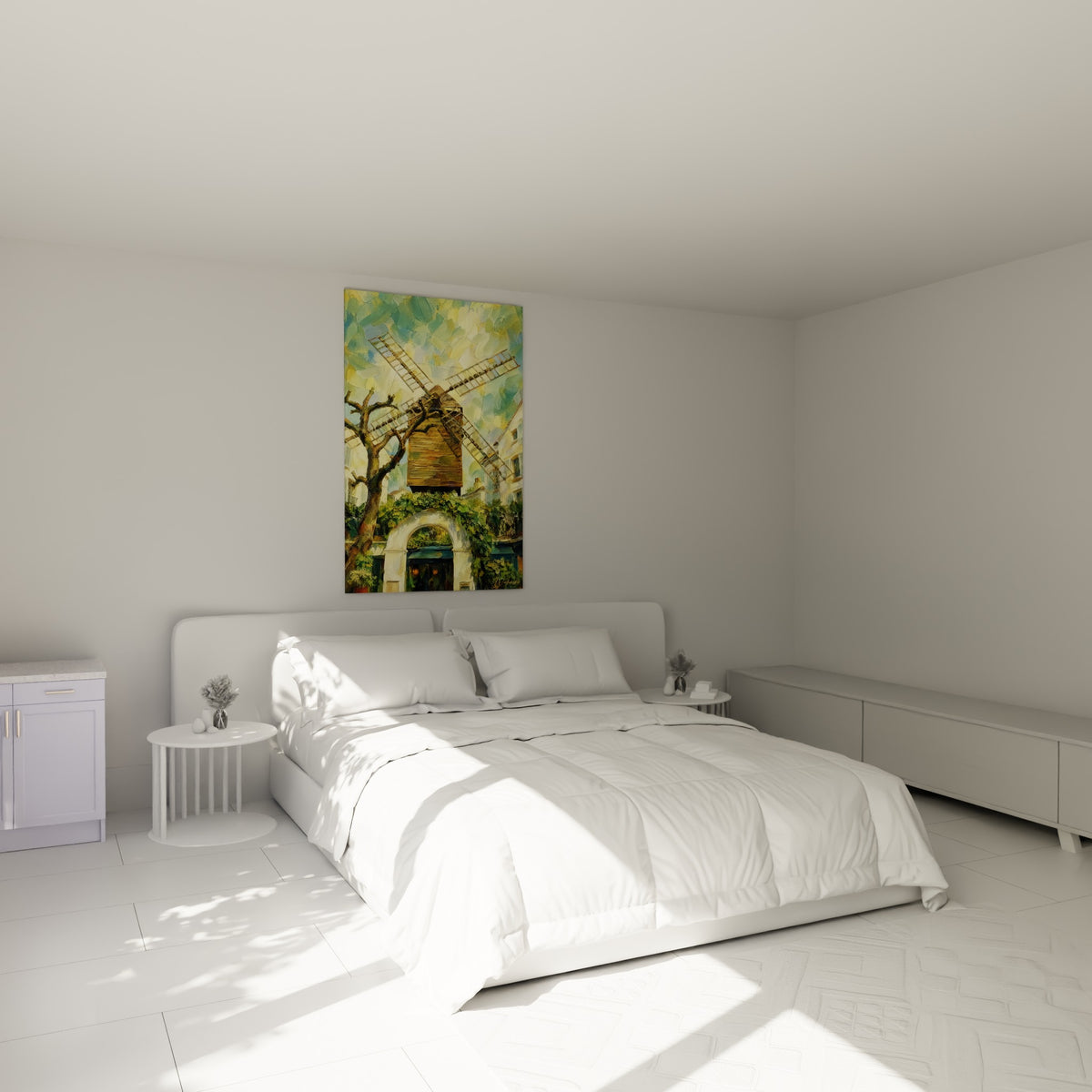 Moulin doré entouré de verdure grimpante, peint au-dessus d'un lit dans une chambre claire