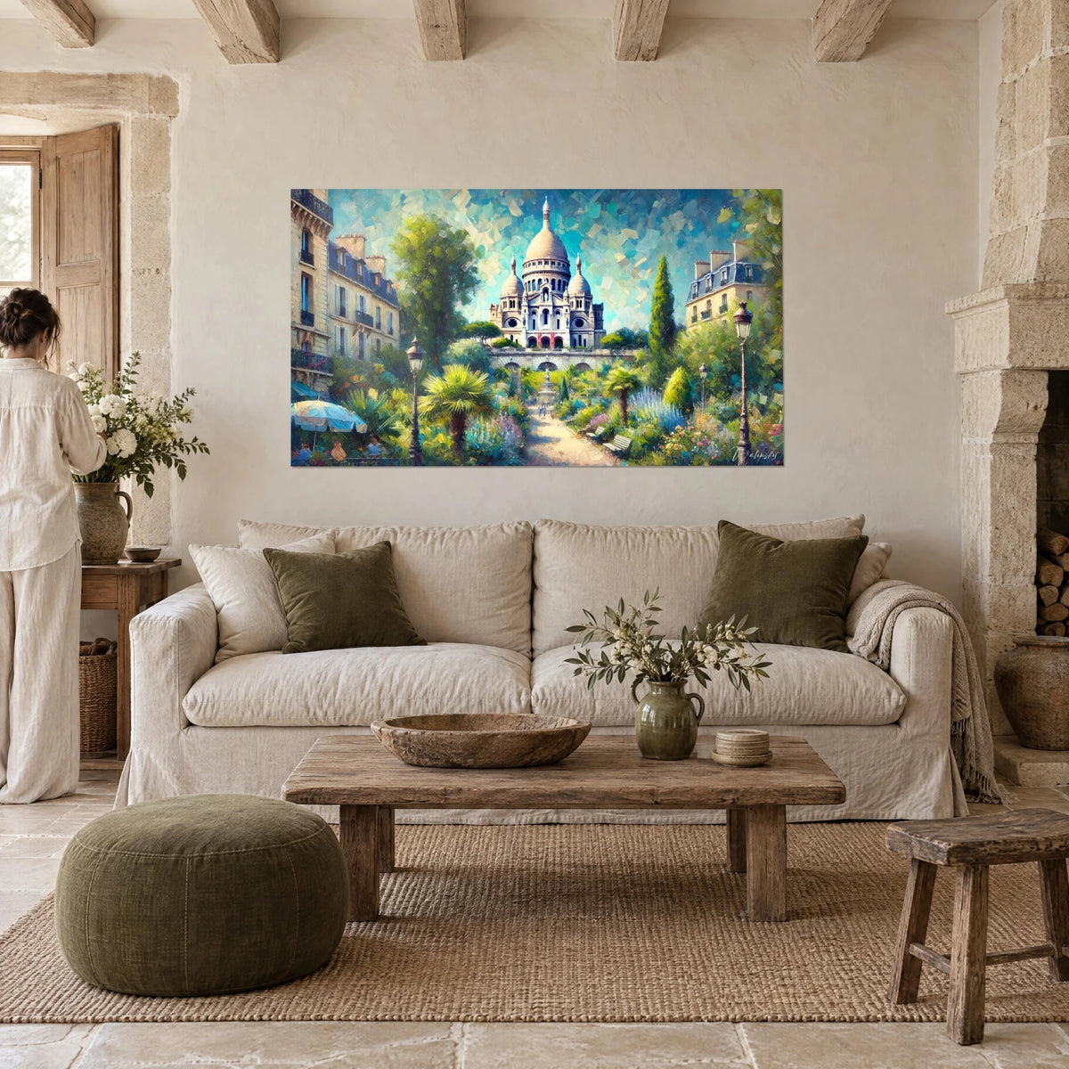 Cuadro basílica del Sagrado Corazón en pintura al óleo, cúpula marfil, cielo turquesa, jardín verde, encima de un sofá en un salón luminoso