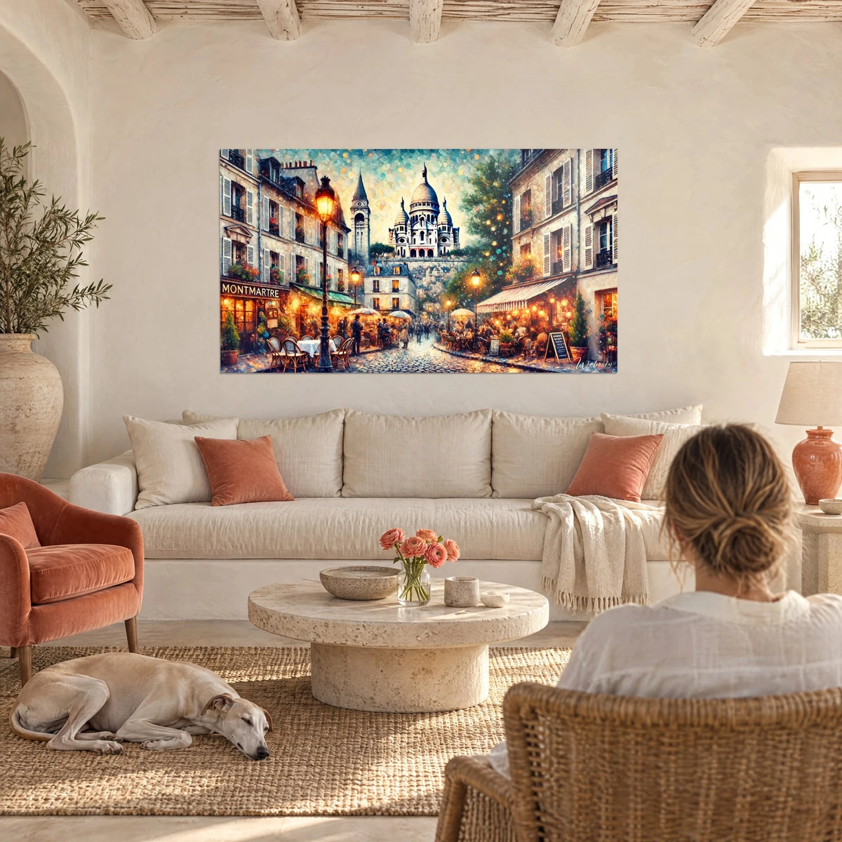 Wall art Sacré-Cœur above cobblestone lanes, amber street lamps and turquoise sky, hanging above a sofa in a bright living room