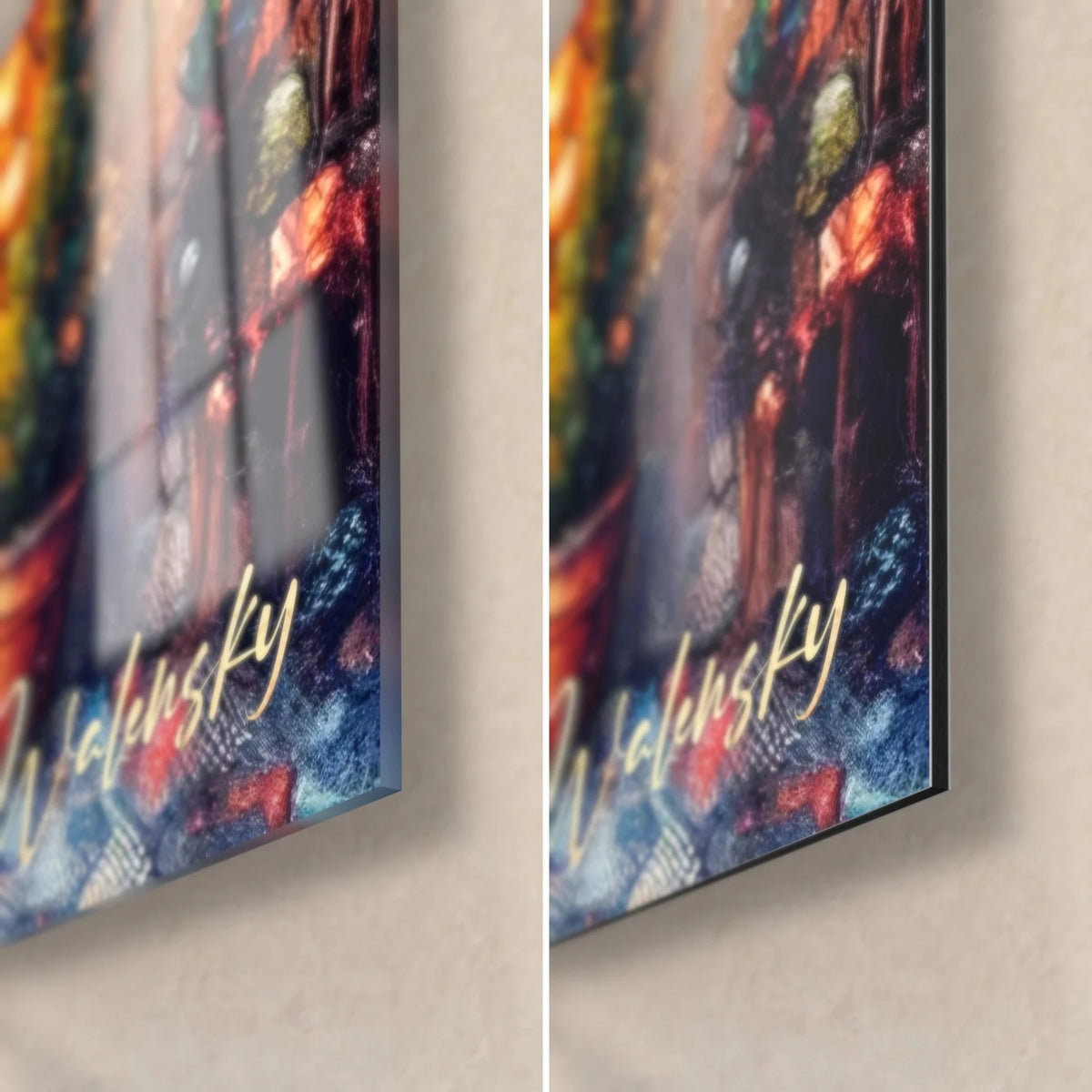Wall art festive Montmartre square, bottom right corner in glossy acrylic glass and matte Dibond aluminium, 3 mm edge, gold signature