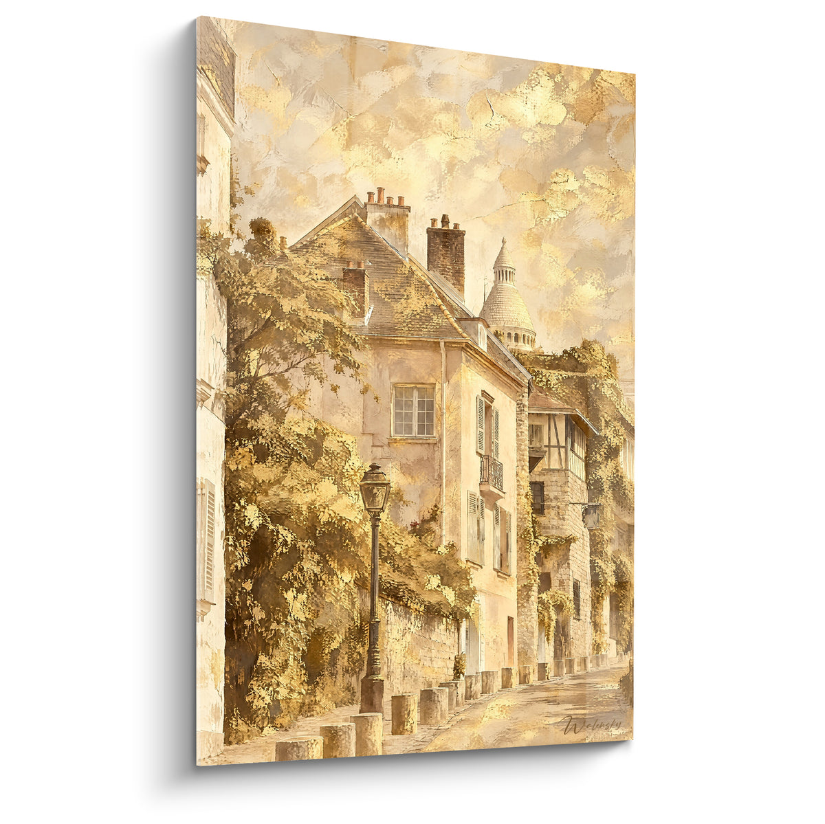 Ruelle pavée de Montmartre en tons ocre et dorés, dôme en arrière-plan, style aquarelle ancienne