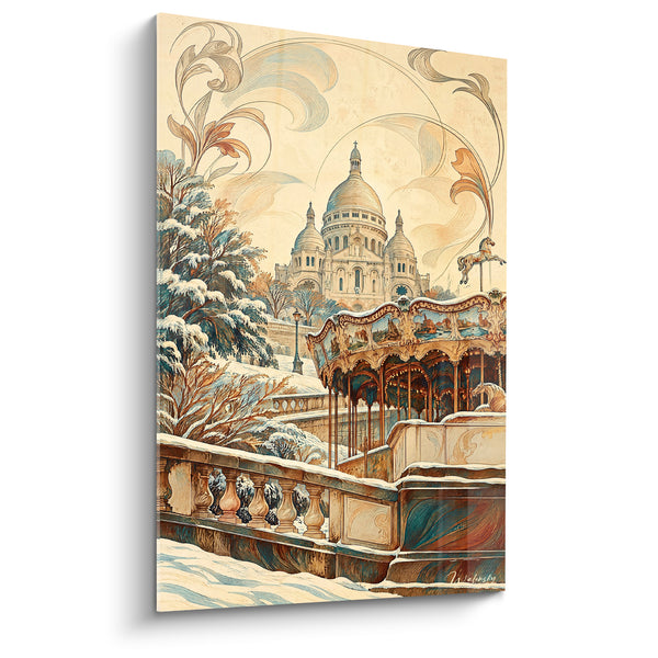 Tableau Basilique dorée et manège bleu enneigé - Rêverie hivernale parisienne - Edition Montmartre  Île-de-France  France