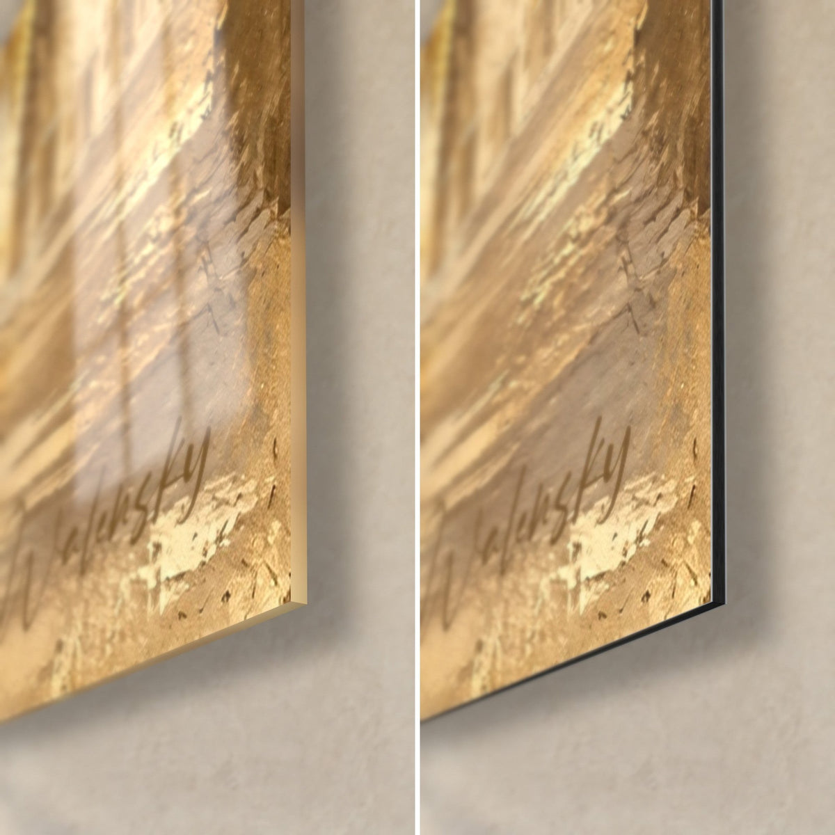 Cuadro fachadas doradas de Montmartre, esquina inferior derecha: cristal acrílico brillante a la izquierda, aluminio Dibond negro mate a la derecha, firma Walensky