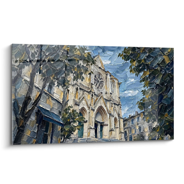 Tableau Cathédrale gothique aux teintes ocre et bleues - Lumière sur la pierre ancienne - Edition Montpellier  Occitanie  France