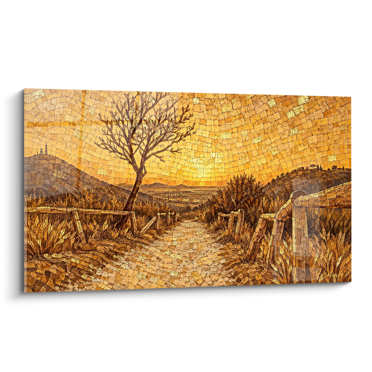 Tableau sentier doré bordé d'une clôture en bois sous un ciel mosaïque ocre et brun