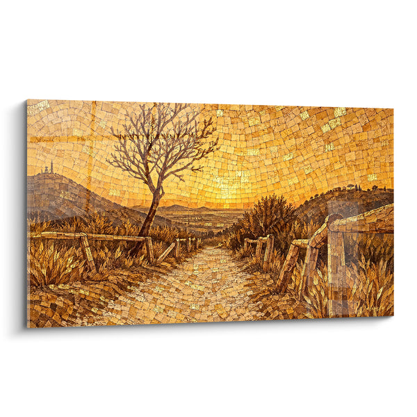 Tableau Sentier doré entre collines et clôtures - Chemin vers l'horizon - Edition Monts Euganéens Vénétie Italie