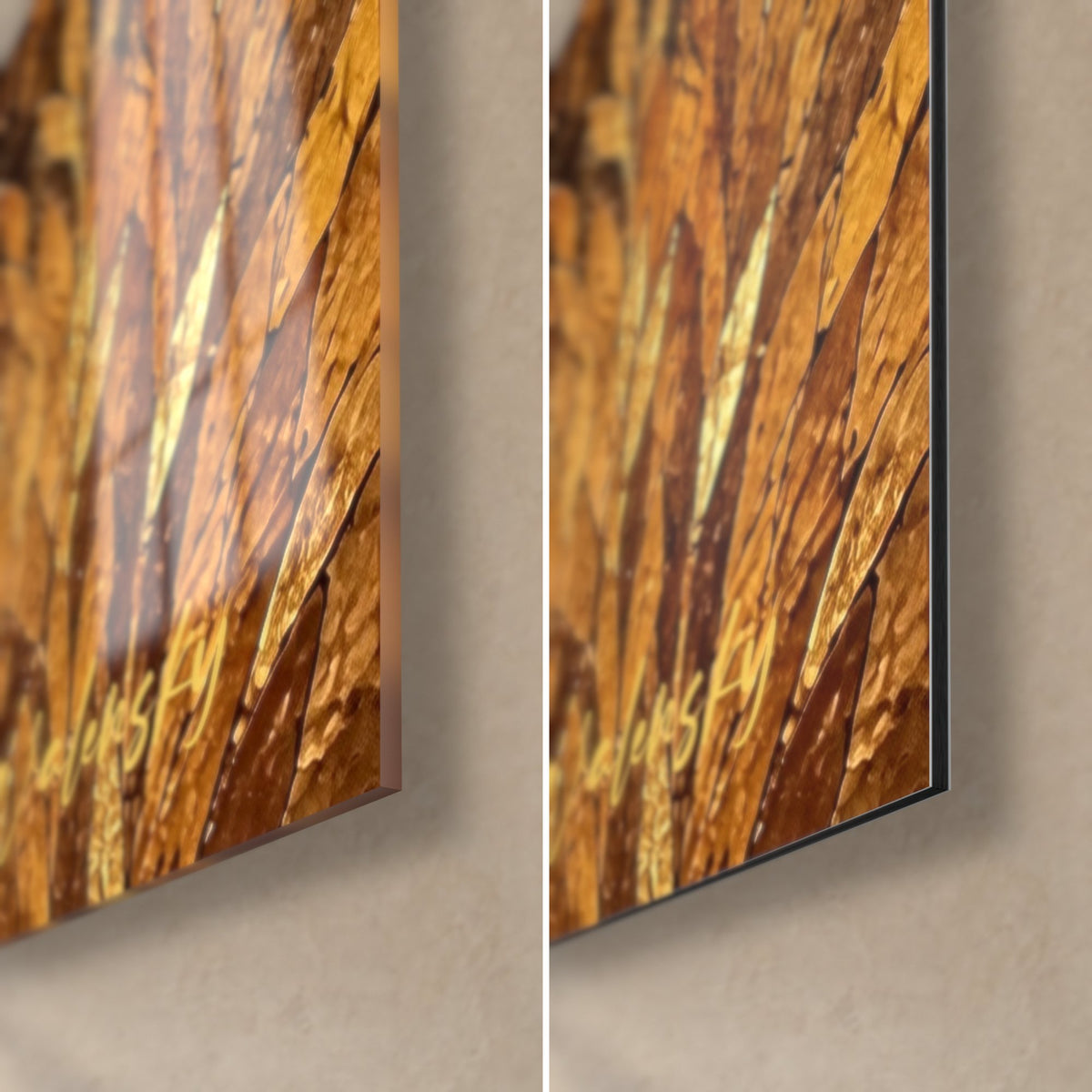 Tableau tesselles de mosaïque ambre et brun, coin bas droit : verre acrylique brillant à gauche, Dibond mat et tranche de 3 mm à droite