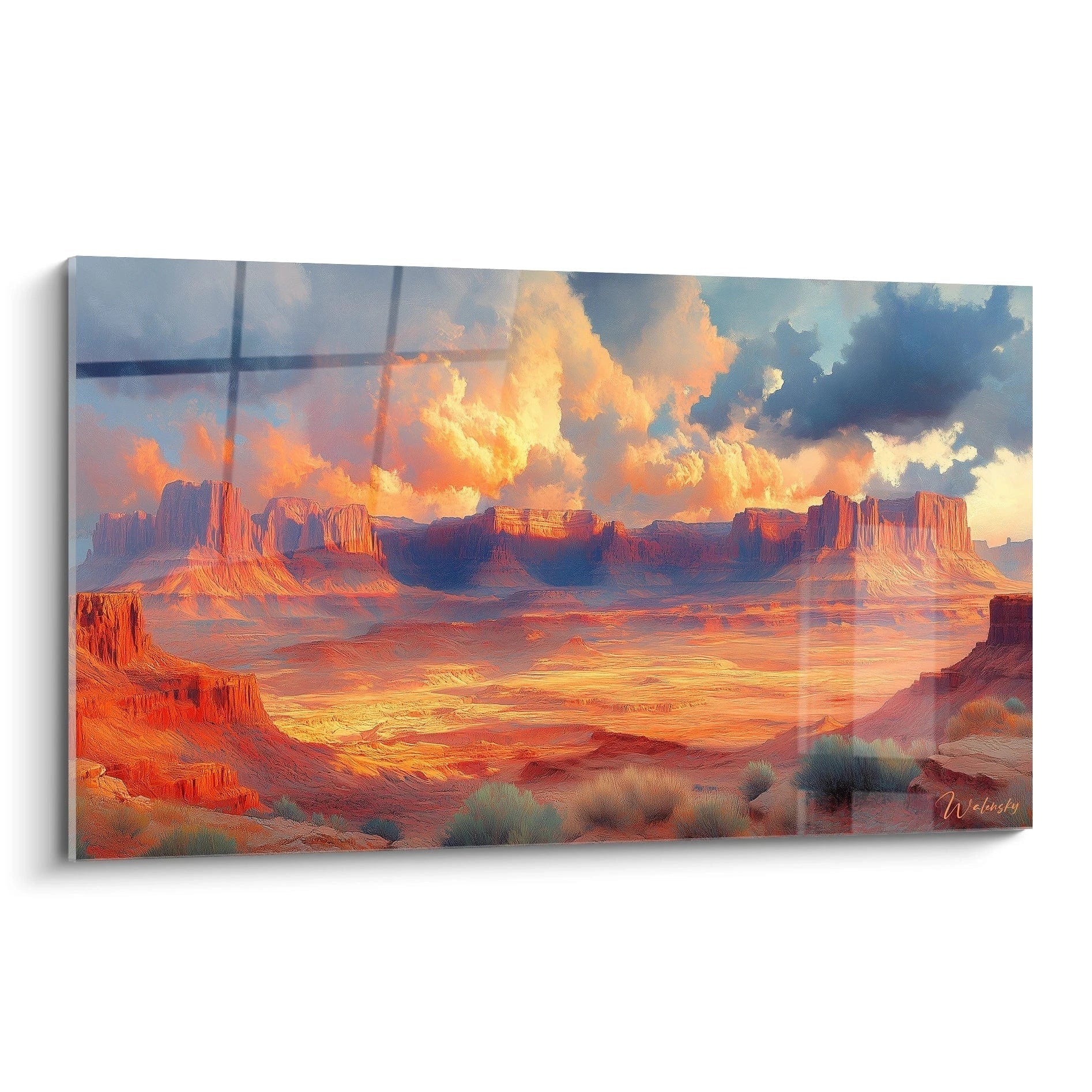 Tableau désert représentant Monument Valley avec formations rocheuses rouges et orange sous un ciel dramatique aux nuages flamboyants et teintes bleues sombres.
