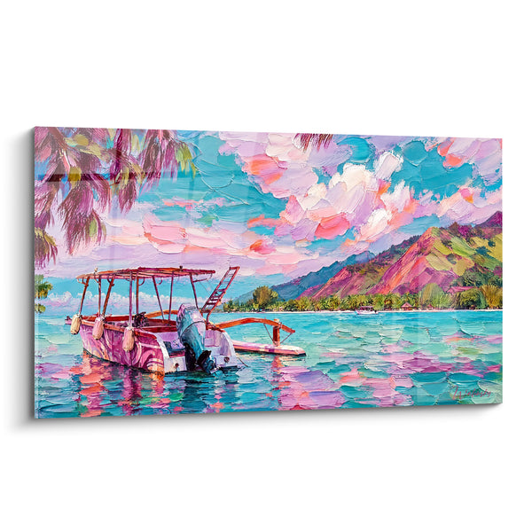 Tableau Pirogue à moteur turquoise et rose corail - Lagon au repos - Edition Moorea Polynésie française France