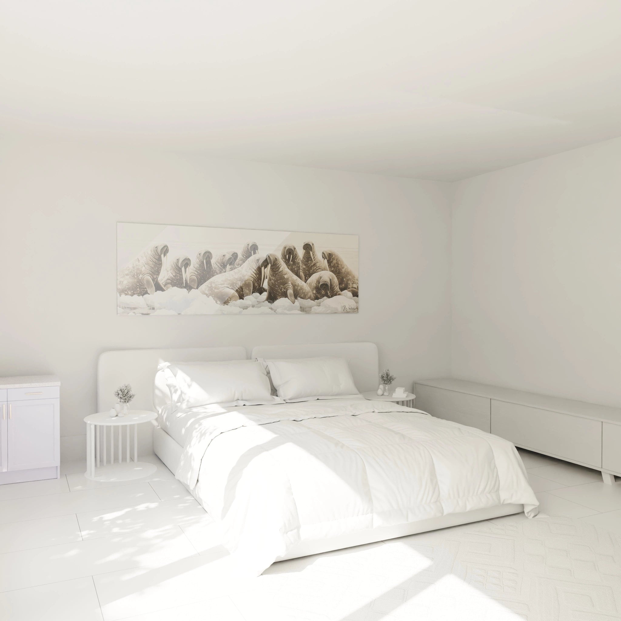 Tableau phoque Walensky au-dessus d'un lit blanc dans une chambre minimaliste et lumineuse