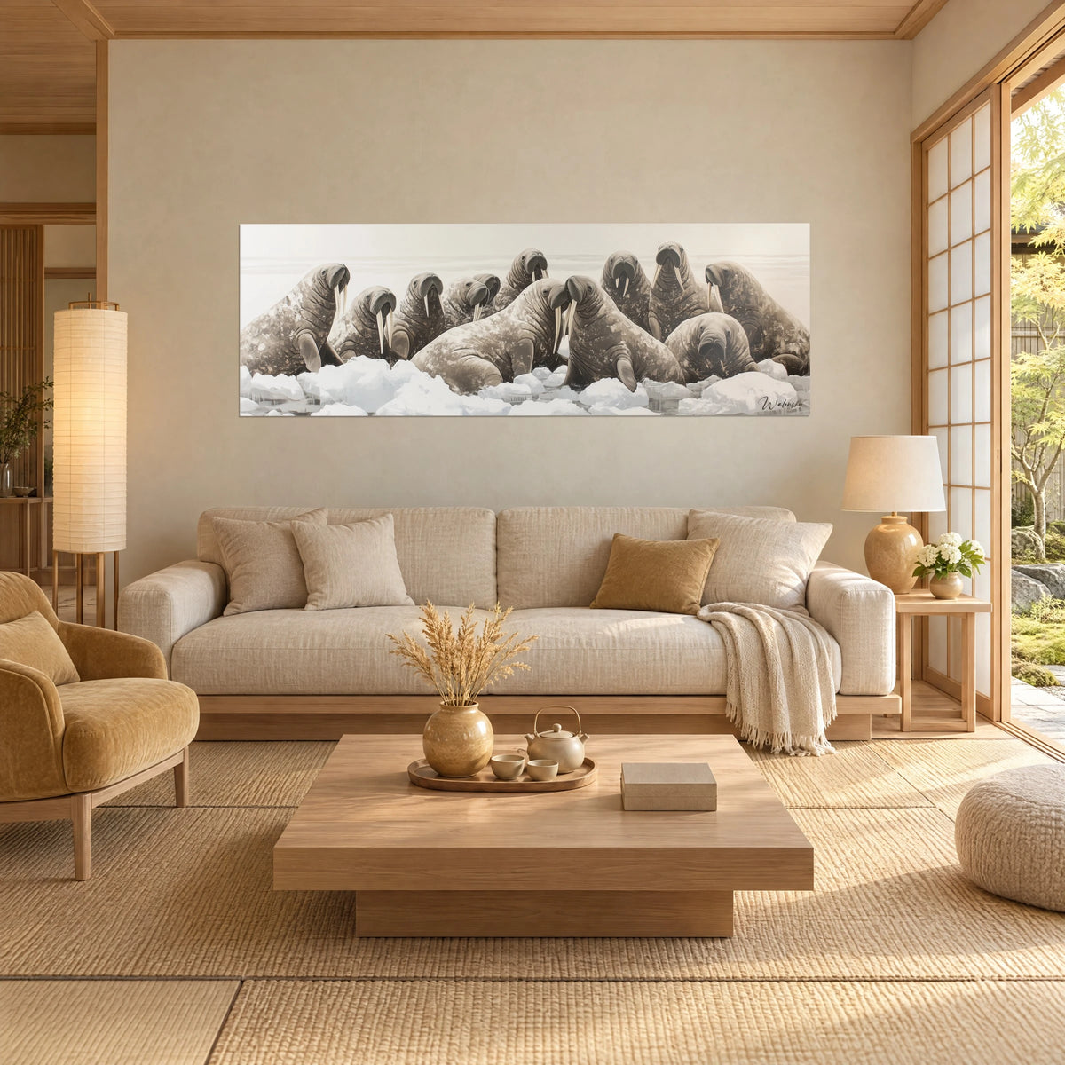 Schilderij kudde walrussen met ivoren slagtanden op een witte ijsschol, taupe en greige tinten, boven een bank in een lichte woonkamer