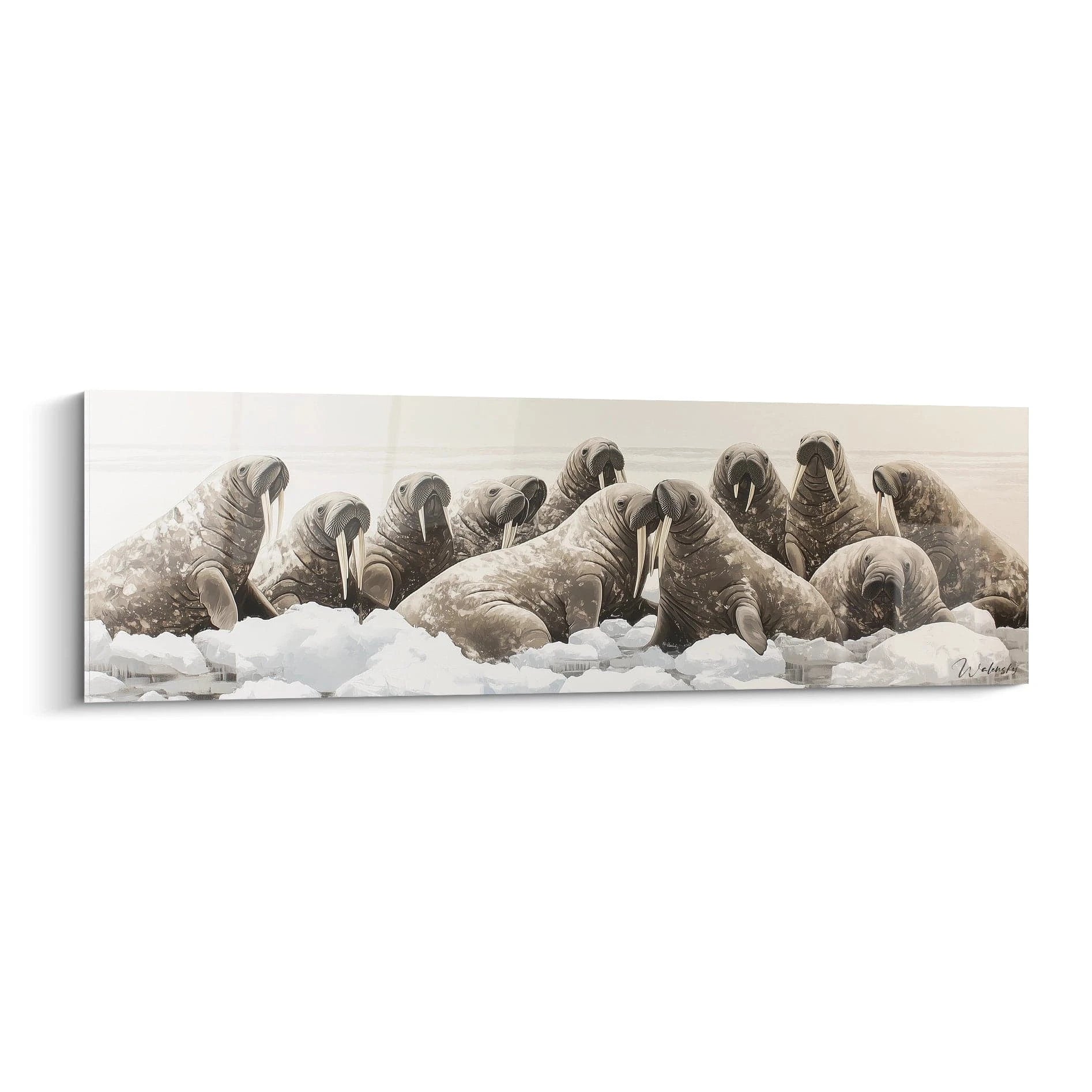 Tableau phoque Walensky avec plusieurs phoques sur la neige en tons neutres