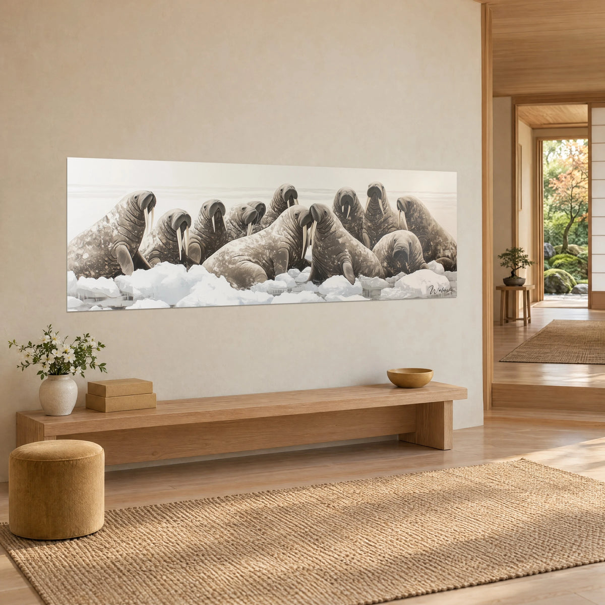 Schilderij kolonie gerimpelde walrussen dicht opeengepakt op het ijs, taupe bruine vacht en wit schuim, driekwart zicht in een japandi woonkamer