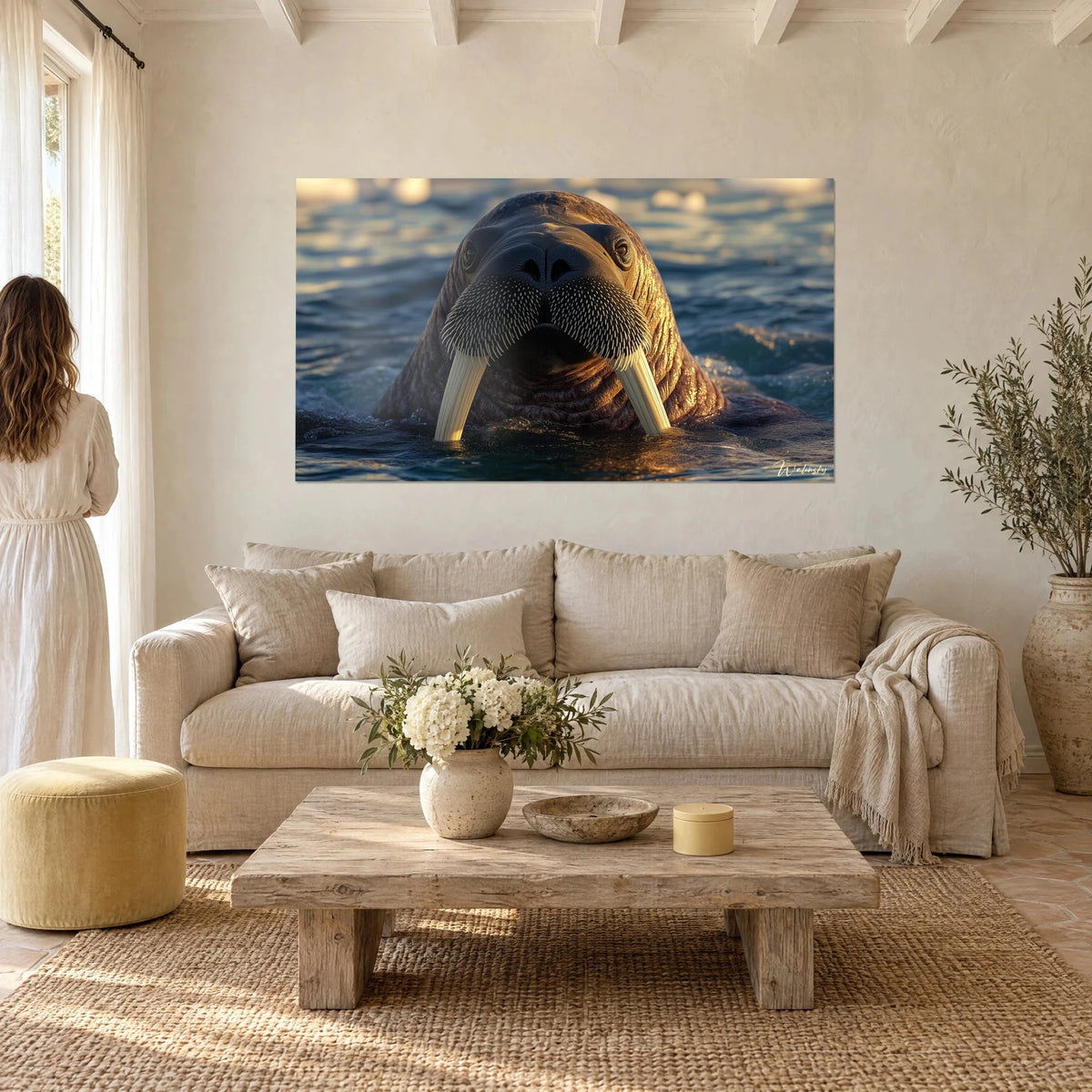 Quadro di tricheco con zanne d'avorio che emergono da acqua blu notte e oro, davanti a una coppia di spalle, sopra un divano in un soggiorno luminoso